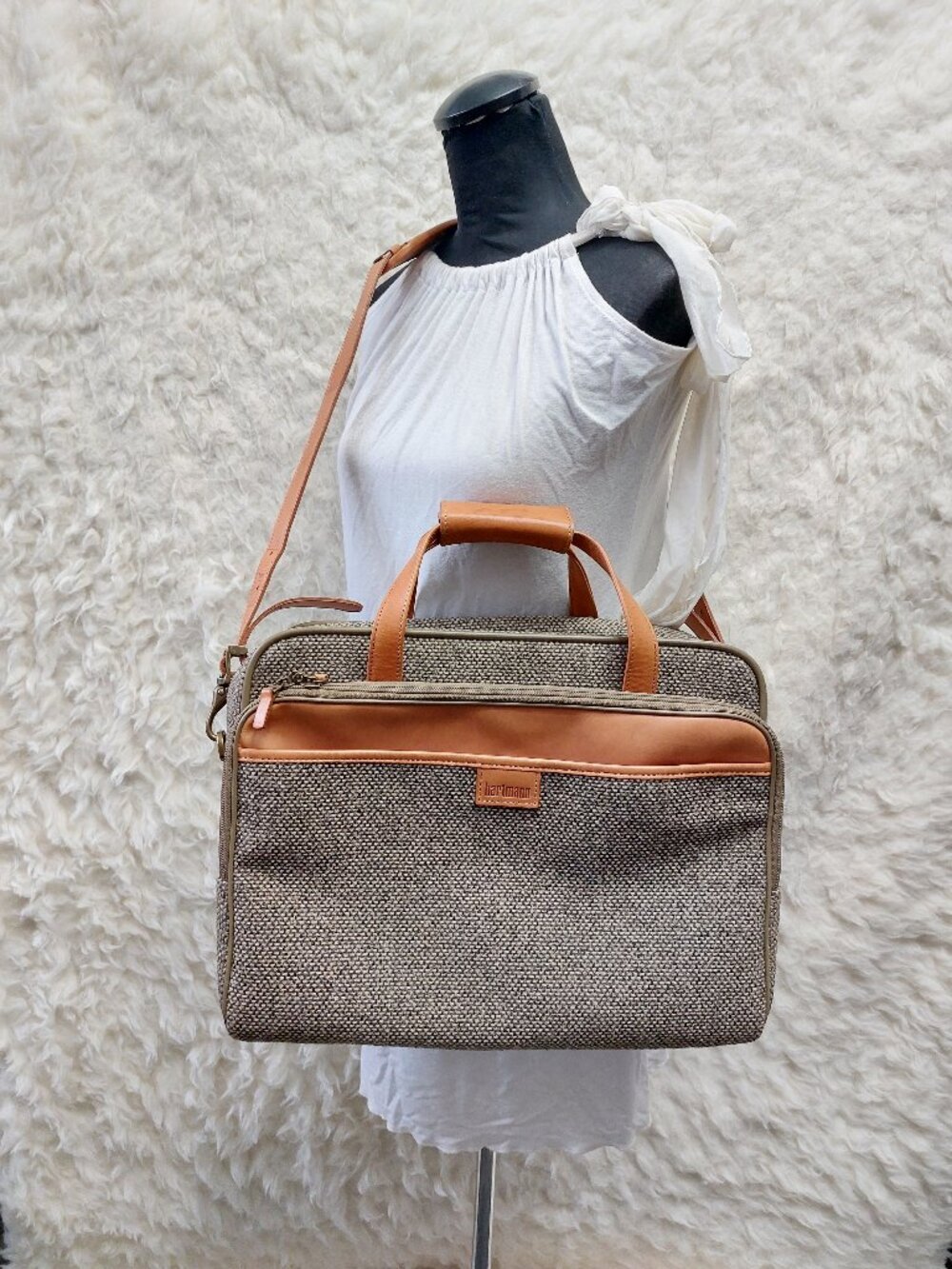 Vintage Hartmann Luggage Tweed Leather Travel Shoulder Weekend  Bag w/ Name Tag